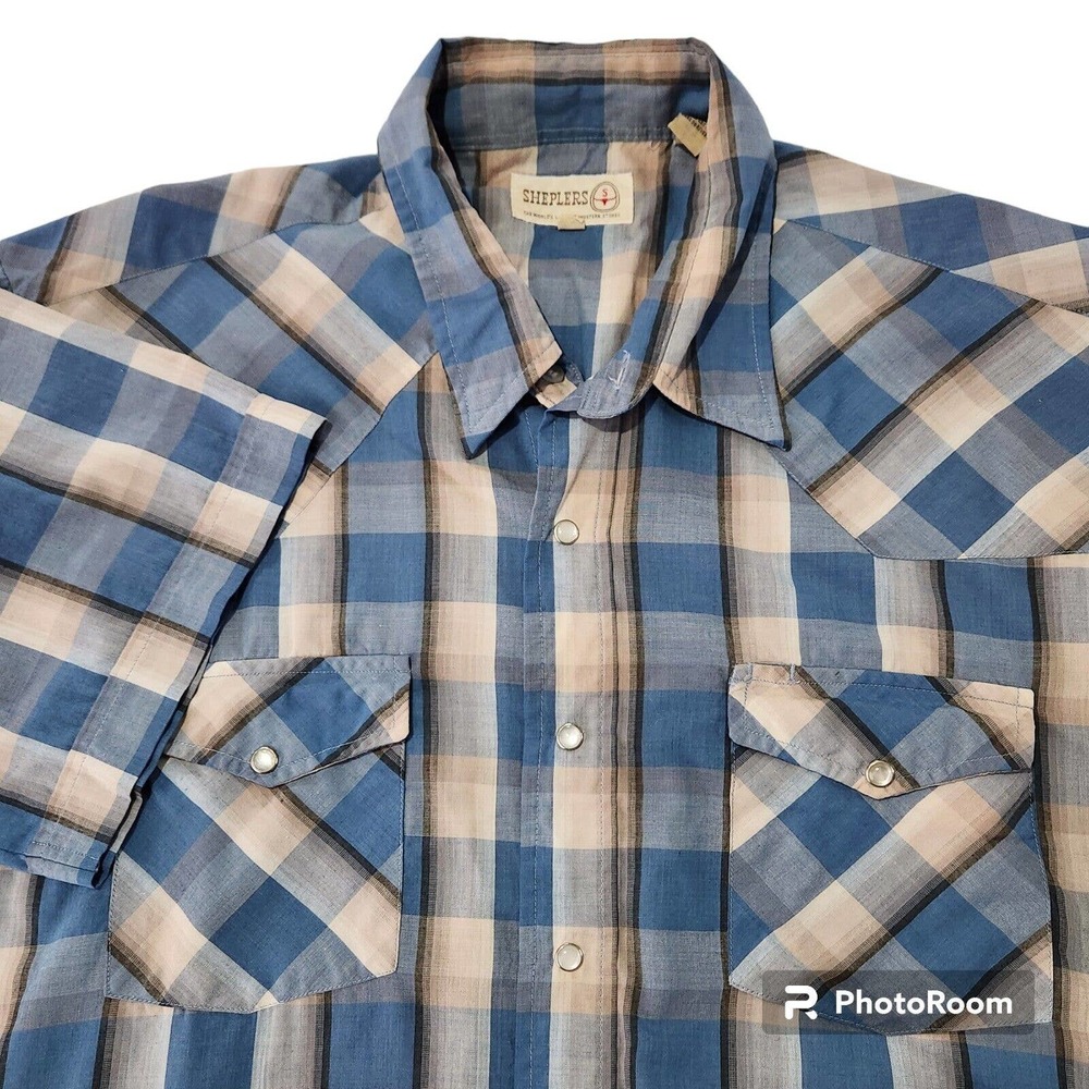 Vintage Sheplers Men's XL Shirt Pearl Snap‎ Short Sleeve Blue Plaid Casual